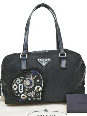 PRADA Logo Prada Evening Tessuto Hand Bag Nylon Leather Black italy 33KD381